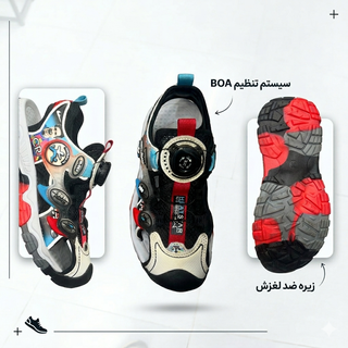 صندل جلو بسته بچگانه بند چرخشی boa و زیره ضد لغزش قرمز مشکی طرح رونالدو